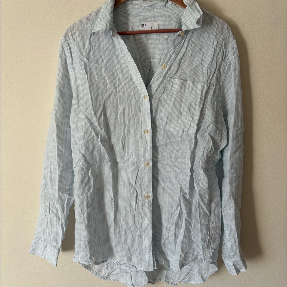 GAP Women's Striped Light Blue Button-Down Shirt 100% Linen